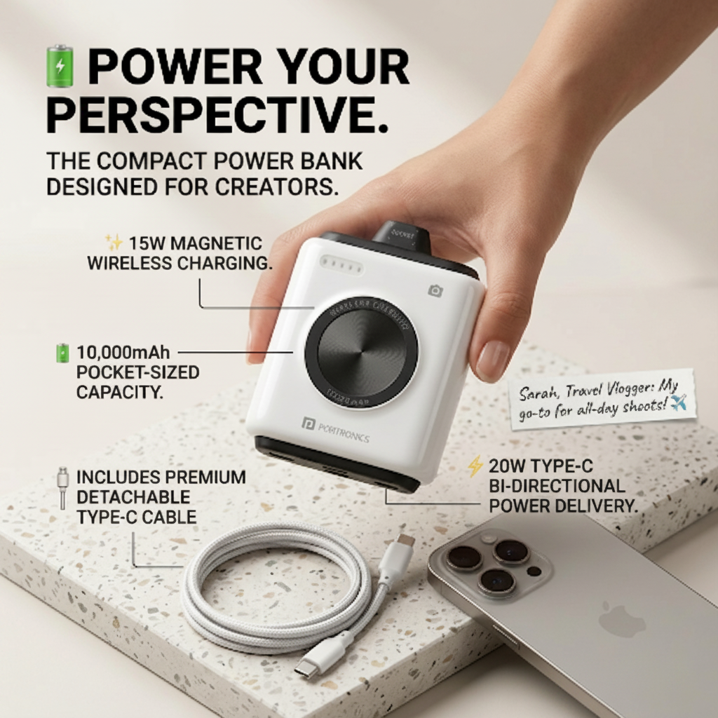 Portronics Moji 10 — 10,000mAh Magnetic Wireless Power Bank